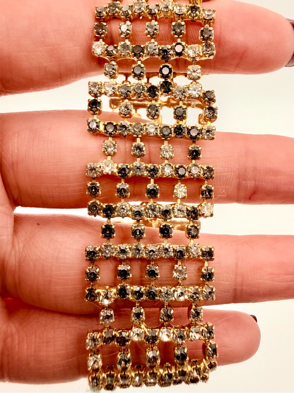 Vintage 1950s Gold Tone Smoky Gray Clear Rhinestone Bracelet